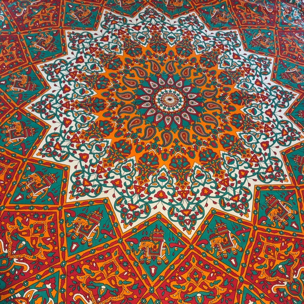 Indian Mandala Tapestry Orange Teal Elephant Paisley Vintage 82x92 Oblong Decor